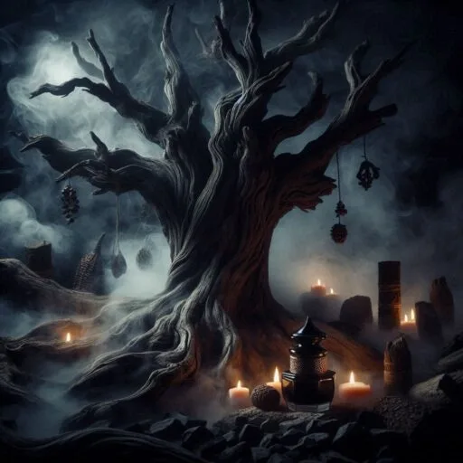 a tree with candles and a lantern